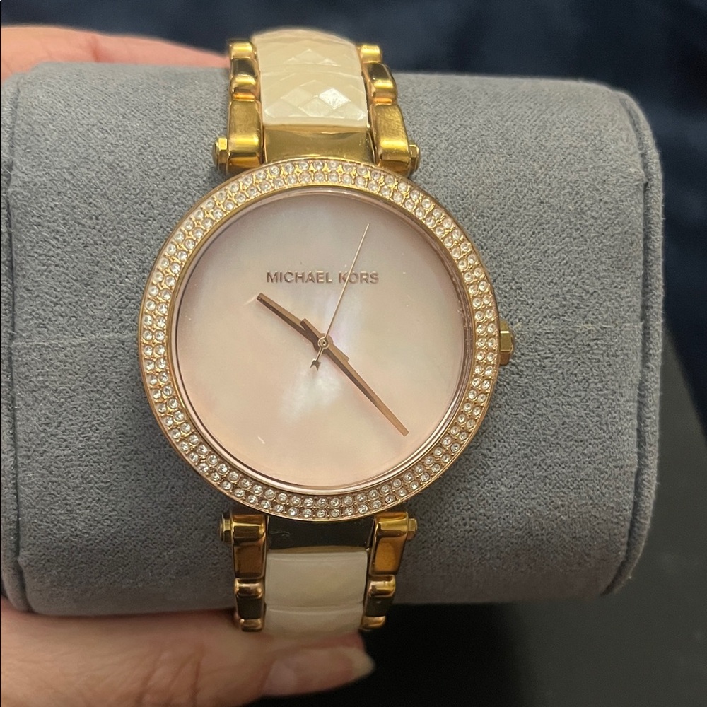 Michael Kors Gold and Cream Mother-of-Pearl Crystal Bezel Watch